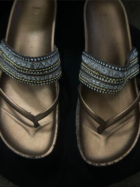 Italian Shoemakers Bronze and Silver Beaded Thong Sandals